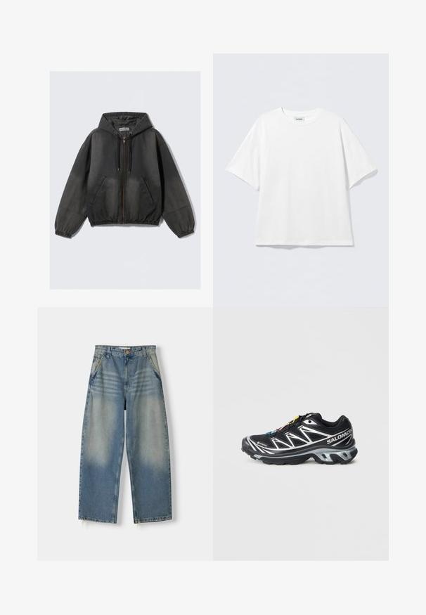 Musta rento vetoketjullinen huppari, jossa on nyörit, etutaskut, joustavat hihansuut ja helma, esillä yksinkertaisella valkoisella taustalla.; Valkoinen lyhythihainen puuvillainen t-paita, jossa pyöreä pääntie ja rento istuvuus. Ei näkyviä kuvioita tai koristeita. Yksinkertainen muotoilu.; Vaaleansiniset farkut, joissa on leveä lahje ja haalistunut pinta, viisi taskua ja raaka helma. Edessä napitus ja vetoketjukiinnitys.; Musta juoksukenkä, jossa on hopeisia yksityiskohtia, GORE-TEX-materiaalia, teksturoitu pohja ja värikkäät nauhat. Sisältää pehmustetun kantapään tukemiseen.