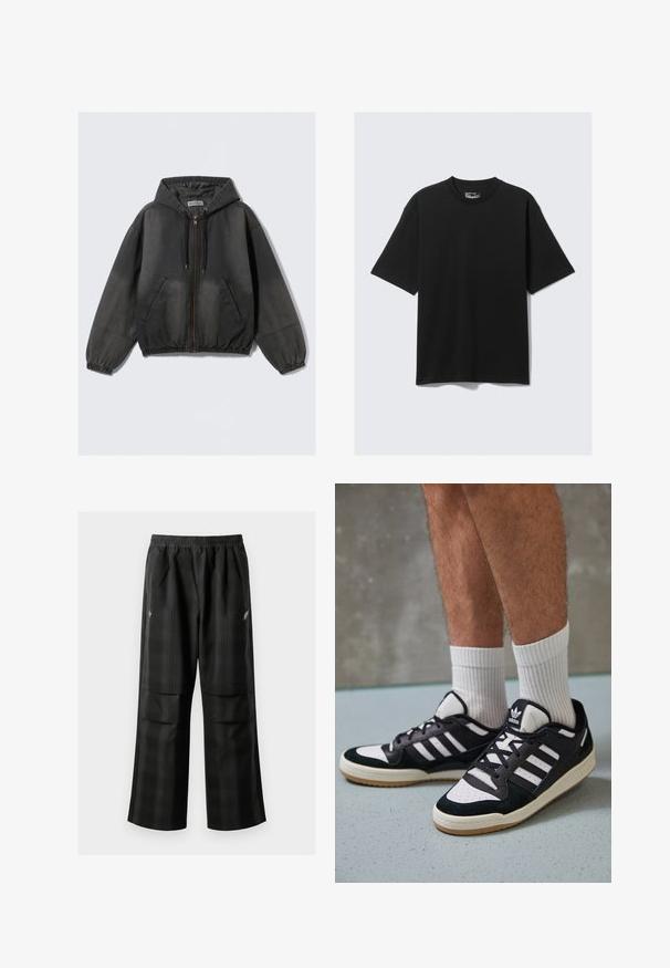 Sudadera negra casual con cremallera y cordones, con bolsillos frontales, puños elásticos y dobladillo, mostrada sobre un fondo blanco liso.; Camiseta negra de manga corta hecha de algodón con cuello redondo, que presenta un corte relajado y un diseño minimalista. Sin patrones ni acentos.; Pantalones de cuadros negros con cintura elástica, dos bolsillos frontales y un ajuste holgado con diseño de pierna recta. Fabricados en material ligero.; Zapatillas en blanco y negro con parte superior de ante y cuero, que presentan tres franjas blancas, una puntera perforada y una suela de goma.