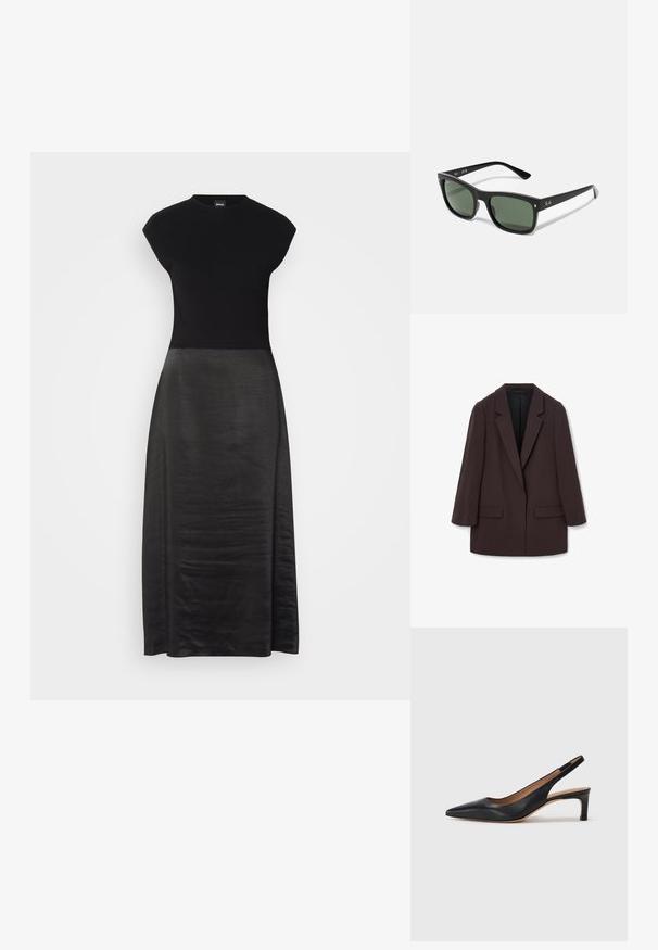 Brūns pārāk liels žakets ar šalu tipa klāju, divām priekšējām kabatām un gludu tekstūru, ar vienu pogu un brīvu siluetu.; Melnā kleita ar pieguļošu krūšu daļu un plūstošu, zīda svārku. Ar kapuci, apaļu dekoltē, gludu tekstūru un potītes garuma dizainu.; Melnas ādas siksnas un papēža kurpes ar vērstu purngalu, zemu papēdi un gludu tekstūru. Aprīkotas ar plānu regulējamu siksniņu drošai piegulšanai.; Melnas taisnstūra formas saulesbrilles ar tumši zaļiem stikliem, izgatavotas no plastmasas, ar metāla apdari tuvu stikliem un zīmola logo uz kājas.; Krēmkrāsas rokassoma ar teksturētu virsmu, izliekta forma, īss rokturis un zelta tonī logo detaļa. Vāciņš ar rāvējslēdzēju augšpusē.