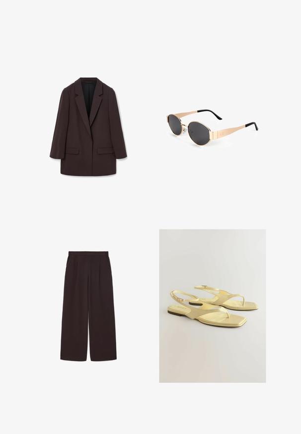 Pruun suur meeste bleiser šaalkrae, kahe esi-taskuga ja siledat tekstuuri, millel on ühekohaline kinnitamine ja vabalt langev siluett.; Valge pika käisega krae särg, mis on valmistatud puuvillast. Omab nööbipaneeli esiosa ja ühte rinna taskut. Sujuv tekstuur, vabalt lõigatud.; Tumed pruunid laiad püksid, mis on valmistatud kergest materjalist, kõrgema vöökoha, voldikute ja kahe küljetaskuga, elastse vöökohtaga.; Kollane lapik sandaalid tekstureeritud valeNahast pealmise osaga, varvaste vahelise disainiga ja väikese pandlaga üle põlve. Ruudukujulise toe kuju, minimalistlik stiil.; Kuldtoonides ovaalsed prillid tumedate läätsedega, millel on peen disain, õhukesed sangad ja must aksent templis. Mudelinumber L37.; Must mustrikotest läikega must nahast kott ruudukujulise käepidemega, millel on tekstuuriga viimistlus ja reljeefne logo. Kohandatav rihm on eemaldatav.