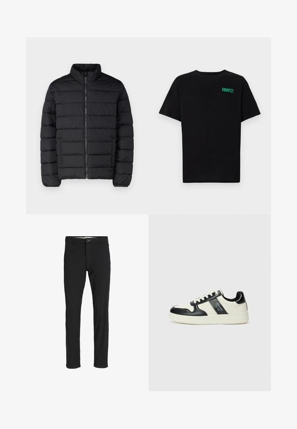 GAP LOGO - Viegla jaka - true black; Melna kokvilnas t-kreka ar īsām piedurknēm. Uz priekšu ir zaļa "ROOTS" logo, apaļa kakla izgriezums un standarta piegriezums.; Melnas kokvilnas maisījuma bikses ar šauru piegriezumu, ar pogu aizdari, kabatām un rullētām piedurknēm ikdienišķam izskatam.; Ādas sporta apavi ar melnbaltu krāsu shēmu, ar perforētiem akcentiem, mīkstinātu apkakli un teksturētu zoli.