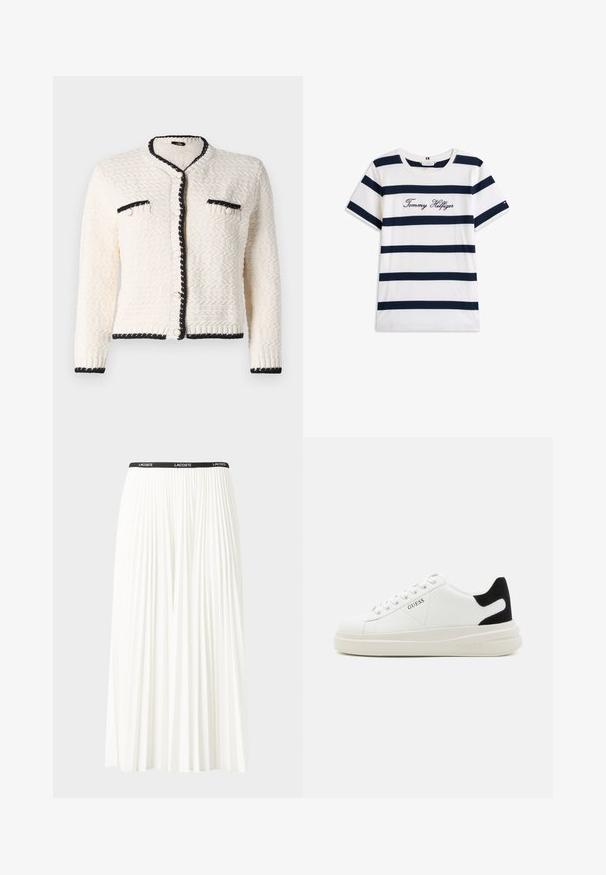 Cardigan de color crema con textura y ribete negro, que presenta un escote redondo, bolsillos frontales y cierres de botones.; Camiseta de algodón con rayas horizontales azul marino sobre un fondo blanco. "Tommy Hilfiger" bordado en cursiva en el pecho. Escote de tipo crew.; Falda blanca plisada con una cinturilla elástica negra que presenta el logotipo "LACOSTE". Diseño de longitud media con textura suave.; Zapatillas blancas de cuero con una suela blanca gruesa, acento en el talón de ante negro y logo grabado en el lateral. Diseño de cordones con seis ojales.