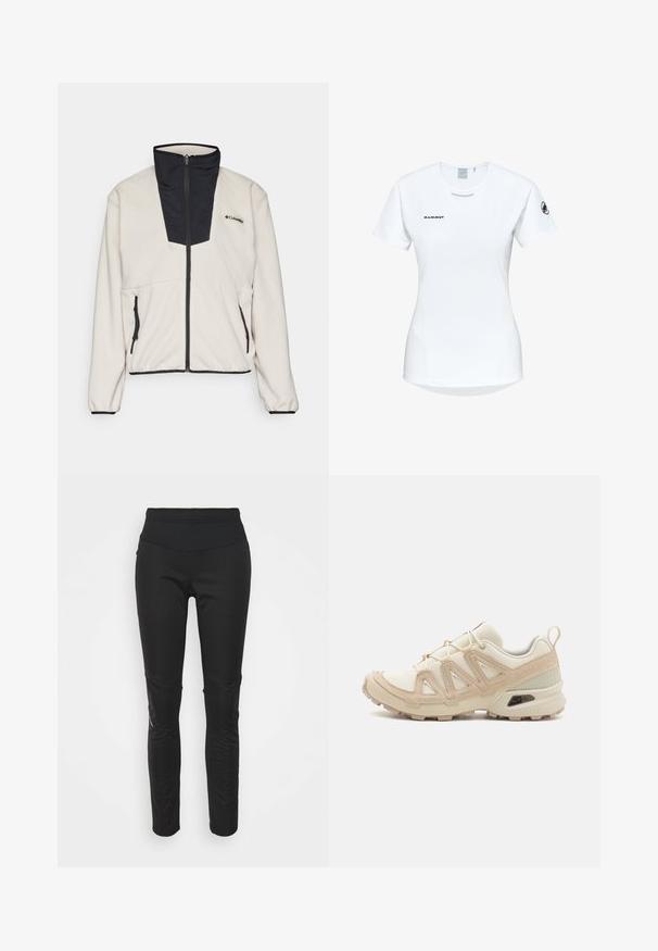 Kurtka polarowa w kremowym kolorze z czarnym zamkiem błyskawicznym przy kołnierzu oraz przedniej części. Posiada dwie boczne kieszenie na zamek oraz elastyczne mankiety przy rękawach.; Koszulka sportowa z krótkim rękawem w kolorze białym, z okrągłym dekoltem, z logo na piersi i gładką, lekką teksturą materiału.; Czarne legginsy sportowe z wysokim pasem, gładką teksturą, detalem logo oraz akcentami w postaci bocznych paneli dla dodatkowego zainteresowania wizualnego.; Beżowe i kremowe buty sportowe z teksturowanej siateczki, wspierającymi nakładkami oraz gumową podeszwą z wzorem bieżnika zapewniającym przyczepność.