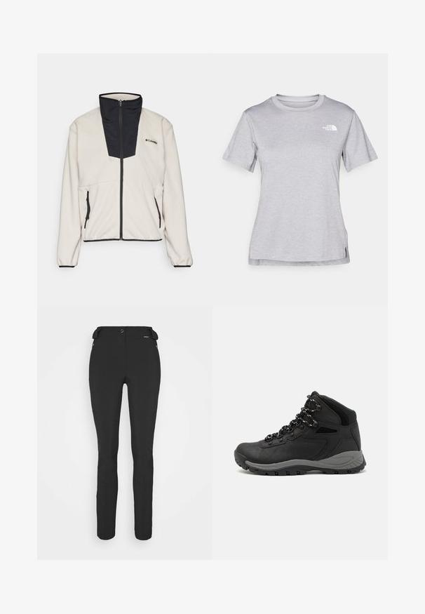 Giacca in pile color crema con colletto zip nero e pannello frontale. Presenta due tasche laterali con zip e polsini elastici alle maniche.; T-shirt grigio a maniche corte realizzato in morbido tessuto traspirante. Presenta un collo tondo e un piccolo logo bianco nella parte superiore sinistra.; Pantaloni neri aderenti realizzati in materiale flessibile. Presentano una tasca laterale con zip, ginocchia articolate e una texture liscia.; Stivale da trekking nero con design a metà altezza, dotato di una tomaia texturizzata, accenti grigi e suola in gomma resistente con tasselli per la trazione.