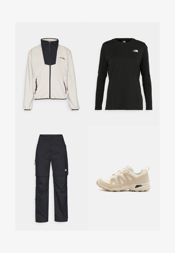 Fleecejacka i krämfärg med en svart dragkedja och framtill. Har två sidofickor med dragkedja och elastiska ärmslut.; Svart långärmad t-shirt i bomull med rund hals. Har en liten vit logotyp på vänster bröstområde. Enkelt design och passform.; Svarta nylonbyxor med avtagbara ben, justerbara muddar, flera fickor och en logotyp på högra benet. Slät, lätt textur.; Beige och krämfärgad atletisk sko med texturerad meshovandel, stöttande överdrag och gummisulor med ett mönster för grepp.