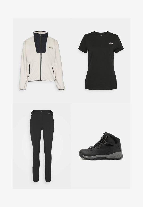 Fleece jacket in cream with a black zip-up collar and front panel. Features two zippered side pockets and elastic cuffs at the sleeves.; Black cotton t-shirt featuring a crew neckline and short sleeves. Notable white logo on the upper left side. Smooth texture, casual fit.; Black, fitted pants made from a flexible material. Features include a zippered side pocket, articulated knees, and a smooth texture.; Black hiking boot with a mid-top design, featuring a textured upper, gray accents, and durable rubber sole with traction lugs.