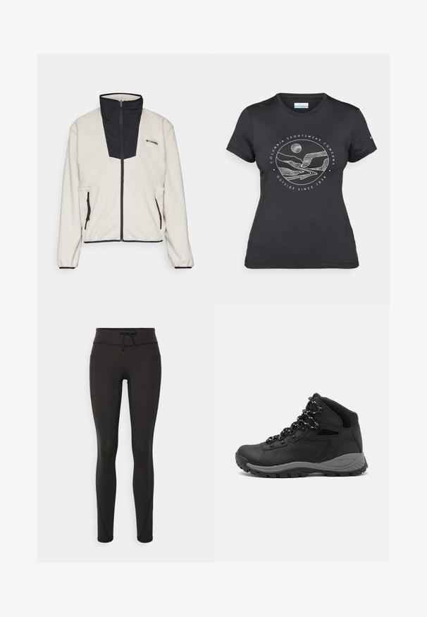 Fleecejacke in Creme mit einem schwarzen Reißverschlusskragen und vorderem Panel. Verfügt über zwei seitliche Reißverschlusstaschen und elastische Bündchen an den Ärmeln.; Schwarzes Columbia-T-Shirt mit weißer kreisförmiger Berg- und Fluss-Linienkunst und dem Text "Columbia Sportswear Company - Draußen seit 1938."; Schwarze Leggings mit hohem Bund, Kordelzug, glatter Textur und tailliertem Design. Verfügt über Nähte entlang der Seiten.; Schwarzer Wanderstiefel mit einem mittelhohen Design, ausgestattet mit einer strukturierten Oberfläche, grauen Akzenten und einer robusten Gummisohle mit Profilstollen.