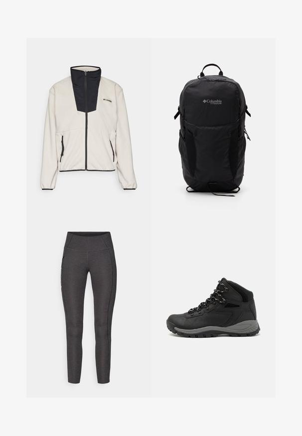 Fleece bunda v krémovej farbe s čiernym zipsovým golierom a predným panelom. Obsahuje dve zipsové bočné vrecká a elastické manžety na rukávoch.; Čierne tričko Columbia s bielou kruhovou grafikou hory a rieky a textom "Columbia Sportswear Company vonku od roku 1938."; Vysoké legíny v tmavosivej farbe, vyrobené z textúrovaného materiálu. Majú priliehavý strih a bočné vrecká na úložný priestor.; Čierna turistická obuv s polovičným strihom, s textúrovaným zvrškom, šedými akcentmi a odolnou gumovou podrážkou s protišmykovými hrebienkami.; Čierny batoh Columbia Titanium s hladkou textúrou látky, bočnými vreckami, hornou rukoväťou a nastaviteľnými popruhmi. Minimalistický dizajn s nenápadným brandingom.