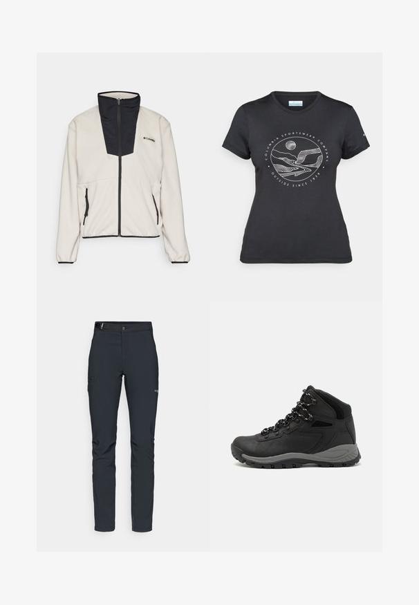 Fleece bunda v krémové barvě s černým zipovým límcem a předním panelem. Obsahuje dvě zipové boční kapsy a elastické manžety na rukávech.; Černé tričko Columbia s bílým kruhovým uměleckým ztvárněním hor a řeky a textem "Columbia Sportswear Company Outside Since 1938."; Pánské outdoorové kalhoty, tmavě šedé, vyrobené z flexibilního materiálu, s pásem, zipovými kapsami a vyztuženým švem.; Černé turistické boty s mírně vyšším střihem, které mají texturovaný svršek, šedé detaily a odolnou gumovou podrážku s trakčními výstupky.