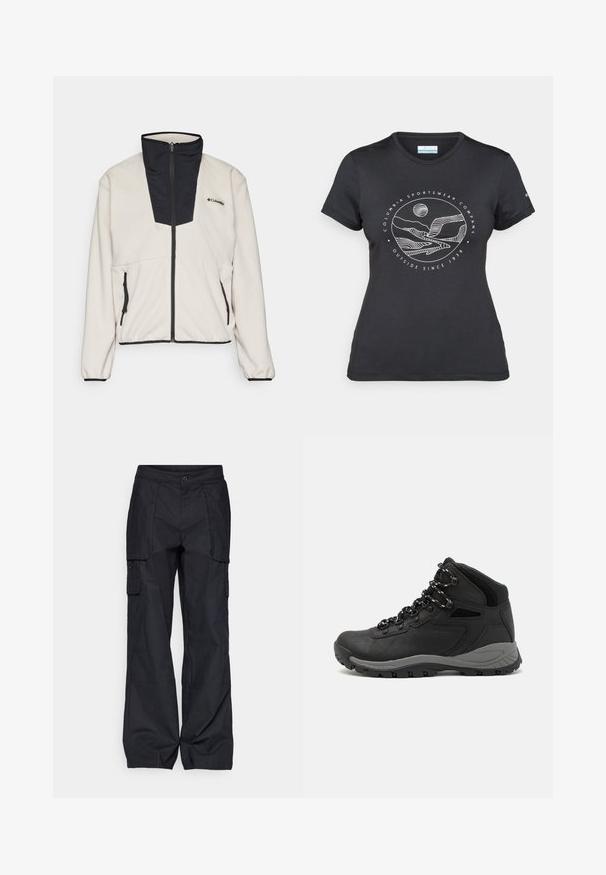 Fleecejakke i krem med svart glidelåskrage og frontpanel. Den har to glidelåslommer i sidene og elastiske mansjetter på ermene.; Svart Columbia t-skjorte med hvit sirkulær fjell- og elvlinjekunst og tekst "Columbia Sportswear Company Outside Since 1938."; Columbia BREA FALLS™ COTTON RIPSTOP PANT - Friluftsbukser - black; Sorte turstøvler med mid-topp design, som har en teksturert overdel, grå detaljer og slitesterk gummisåle med godt grep.