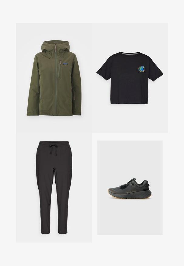 Olivgrüne, wasserdichte Jacke mit Kapuze, zwei vorderen Reißverschluss-Taschen und verstellbaren Bündchen. Mit markiertem Logo auf der oberen linken Seite.; Schwarzes Baumwoll-T-Shirt mit kurzen Ärmeln, das auf der Brust ein rundes, mehrfarbiges Logo zeigt. Gerader Saum und lockere Passform.; Schwarze Jogginghose mit elastischem Bund, Kordelzug und Seitentaschen. Hergestellt aus einem glatten, leichten Stoff.; Columbia TERRASTRIDE CRZ - Hikingschuh - shark/black