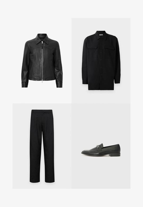 Crna kožna jakna s ovratnikom, zatvaranjem na zip i dugim rukavima. Ima glatku teksturu i detalje u šavovima. Dizajn standardne veličine.; Crna košulja s dugim rukavima od glatkog materijala, s klasičnom kragnom, dva prednja džepa i dugmadima na manžetama.; Crne hlače od glatkog materijala, s dizajnom ravnih nogavica, dva prednja nabora i standardnim pojasom s petljama za remen.; Crna kožna loafer cipela s glatkom finišem, s ušivenim uzorkom i dekorativnim metalnim lancem preko prednjeg dijela. Ravni potplat.