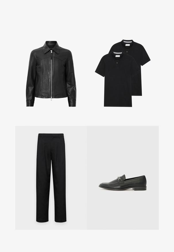 Schwarze Lederjacke mit Kragen, Reißverschluss vorne und langen Ärmeln. Verfügt über eine glatte Textur und Nahtdetails. Standardpassform.; Zwei schwarze Polohemden, kurzärmlig, aus Baumwolle, mit einem klassischen Kragen, zwei Knöpfen und weißen Streifenakzenten im Inneren des Kragens.; Schwarze Hose aus glattem Stoff, mit geradem Bein Design, zwei vorderen Falten und einem Standardbund mit Gürtelschlaufen.; Schwarzer Lederloafer mit glatter Oberfläche, ausgestattet mit einer gesteppten Gestaltung und einem dekorativen Metallkettendetail über dem Vorderblatt. Flacher Absatz.