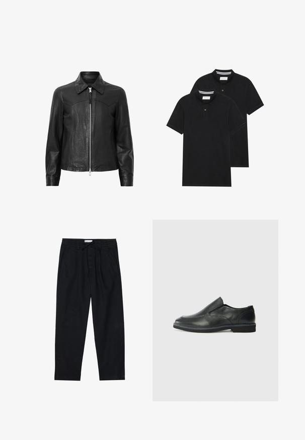 Casaco de couro preto com colarinho, fecho frontal em zíper e mangas longas. Apresenta uma textura suave e detalhes nas costuras. Design de ajuste padrão.; Duas camisetas polo pretas, de manga curta, em material de algodão, com colarinho clássico, abertura com dois botões e detalhes em riscas brancas no interior do colarinho.; Pier One Chinos - black; Sapato slip-on preto em pele com um upper liso, acabamentos cosidos, bico arredondado e um salto de borracha baixo. A sola apresenta um padrão de aderência mínimo.