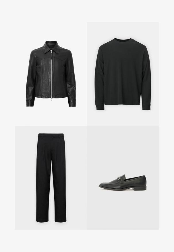 Svart läderjacka med krage, dragkedja framtill och långa ärmar. Har en jämn struktur och sömdetaljer. Standard passform.; Långärmad svart T-shirt gjord av bomull, med rund halsringning, lös passform och ribbade ärmslut. Slät textur utan synliga mönster.; Svarta byxor i slät väv, med rak ben-design, två framfickor och standardmidja med bälteshällor.; Svart läderloafers med en slät yta, med en sydd design och en dekorativ metallkedjeaccent över västen. Platt häldesign.