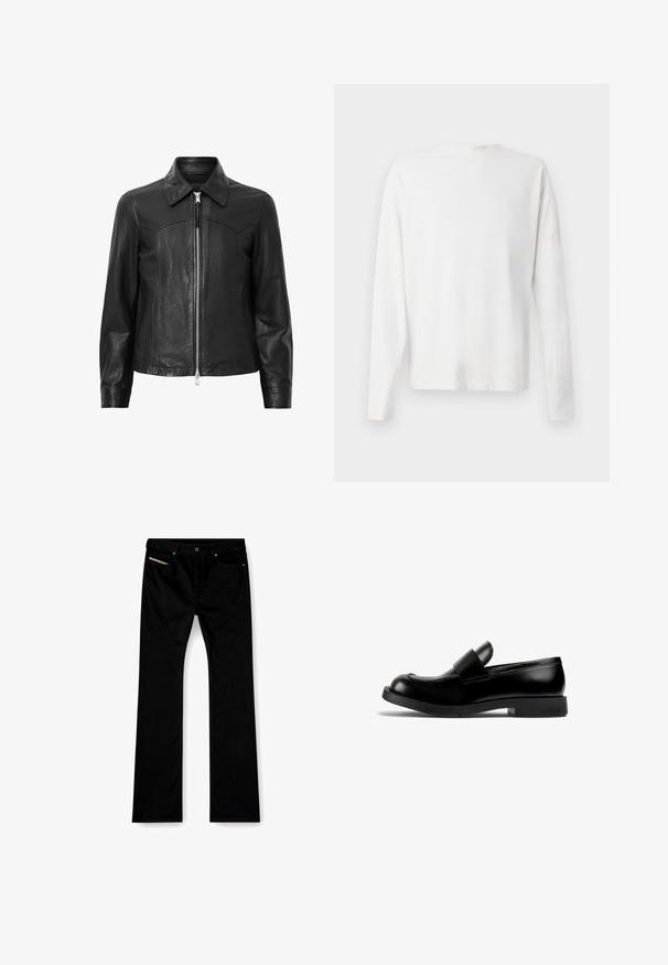 Zwarte leren jas met een kraag, ritsluiting aan de voorkant en lange mouwen. Heeft een gladde textuur en naaddetails. Ontwerp in standaard pasvorm.; Witte katoenen blouse met lange mouwen en een ronde halslijn, met zijsplitten aan de onderkant en een gladde textuur, vanuit de achterkant weergegeven.; Zwarte straight-leg jeans met een knoop en ritssluiting aan de voorkant, voor- en achterzakken, en een wit label zichtbaar in de rechter voorzak.; Zwarte leren loafer met een ronde neus, platte rubberen zool en een opvallend strapdetail over de wreef. Gladde textuur, minimalistisch ontwerp.