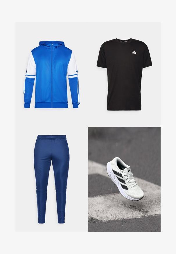 Sinine kapuutsiga spordijakk, millel on valged detailsed varrukatel ja õlgadel, valmistatud siledast ja kergest materjalist.; Must must ka t-särk lühikeste varrukatega, ümmarguse kaelusega ja valge logoga vasakul rinnal. Sile tekstuur ja lihtne disain.; Tumedad spordipüksid, millel on sile ja voolujoonealine tekstuur, valged külgtriibud, elastne vöökoht ja kitsenev säärte disain.; Valge spordijalats tekstuurse võrgu pealmise osaga, mustade triipudega, nööriga kinnitamine ja pehmendatud tallaga, levib märgitud teepinna kohal.