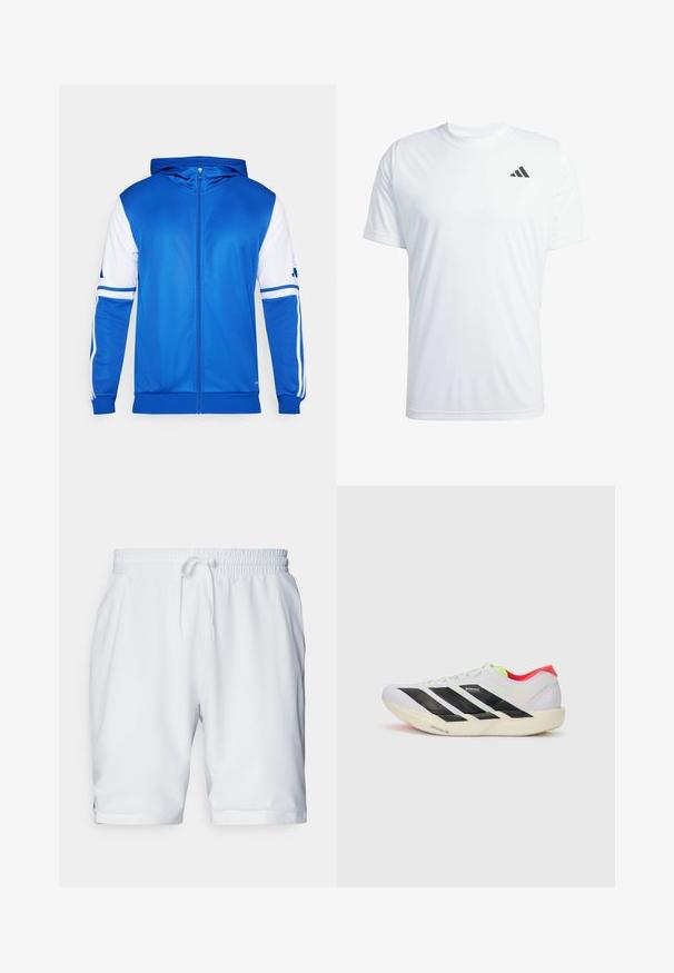 Modrá športová bunda na zips s kapucňou, s bielymi akcentmi na rukávoch a pleciach, vyrobená z hladkej, ľahkej tkaniny.; Biele krátke rukávy športové tričko vyrobené z ľahkého materiálu, s čiernym logom Adidas na hornej ľavej strane hrude.; Biele športové šortky s elastickým pásom a nastaviteľnou šnúrkou. Hladká tkanina s jemnou textúrou, s bočnými vreckami.; Biele behacie topánky s čiernymi pruhmi, neonovo zelenými akcentmi a červeným podpätkom. Majú ľahkú konštrukciu a textúrovanú podrážku pre lepšiu trakciu.