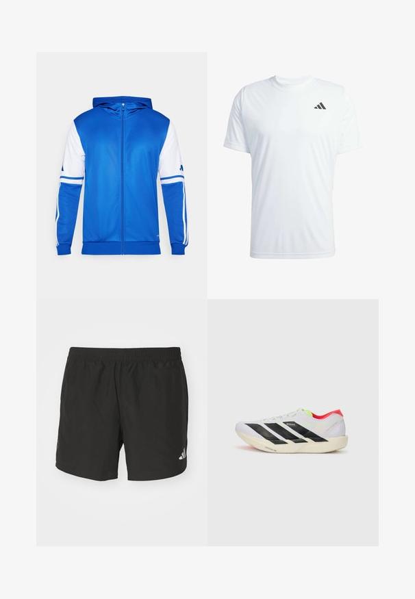 Blå sportsjakke med glidelås og hette, med hvite detaljer på ermer og skulder, laget av glatt, lett stoff.; Hvit kortermet treningst-skjorte laget av lett stoff med en svart Adidas-logo på øvre venstre bryst.; Sorte atletiske shorts med elastisk midje, sidelukninger og reflekterende logo aksenter. Laget av lett, glatt stoff.; Hvite joggesko med svarte striper, neongrønne detaljer og rød hæl. Har et lett design og teksturert såle for grep.
