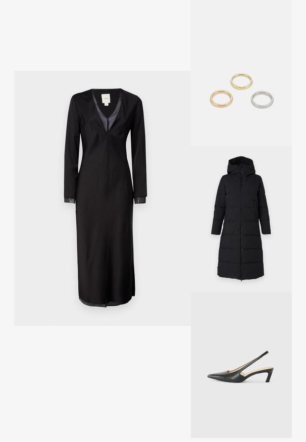 Save the duck MISSY - Ziemas mētelis - black; Melns garo piedurkņu kleita gludā audumā, ar dziļu V-veida kakla izgriezumu, satīna akcentiem uz apkakles un sānu izgriezumiem, lai nodrošinātu kustību brīvību.; Melna, ar smailu purngalu, slingback kurpe ar zemu papēdi, izgatavota no gludas ādas materiāla un ar izgriezumiem sānos gaisa caurlaidībai.; Trīs metāla gredzeni: viens rozā zeltā, viens zeltā ar teksturētiem akcentiem un viens sudraba, visiem ar iegravētām zīmola atzīmēm iekšējā joslā.