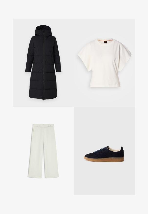 Save the duck MISSY - Talvitakki - black; Valkoinen lyhythihainen t-paita, leveät lyhyet hihat, pehmeää puuvillamateriaalia, pyöreä pääntie jossa hienovarainen oranssi reunus, minimaalinen muotoilu, ei kuvioita tai graafisia elementtejä.; Housut leveillä lahkeilla vaalean kermaisessa kankaassa, jossa on sivutaskut, litteä etuosa ja yksi nappikiinnitys vyötäröllä. Silkkinen pinta.; Laivastonsininen mokkanahkainen tennari, jossa on kuminahkainen pohja, siniset nauhat ja minimalistinen muotoilu. Sivussa on kohokuvioitu logo ja sisäpuolella sileä vuori.