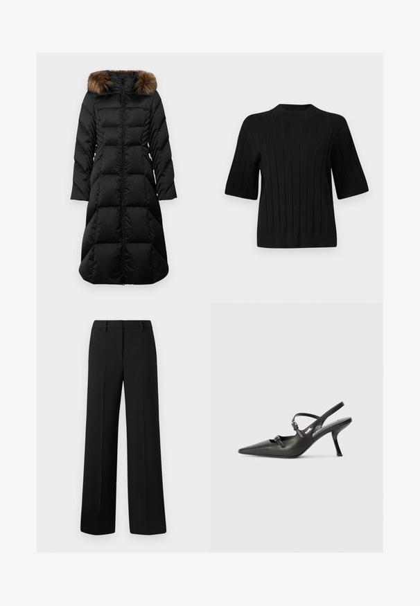 Svart puffjacka med en lång siluett, med dragkedja fram och en huva prydd med brun konstpäls. Fylld design, slät textur.; Svart kortärmad tröja med ribbad textur och hög krage, med vertikala linjer och en figurnära silhuett.; Svarta byxor med vid benvidd i ett slätt tyg, med en skräddarsydd passform, bälteshällor och utan synliga mönster eller dekorationer.; Svarta läderklackar med slingback, spetsig tå, smal klack och dekorativ spänndetalj på ovansidan. Slät struktur och stilren design.