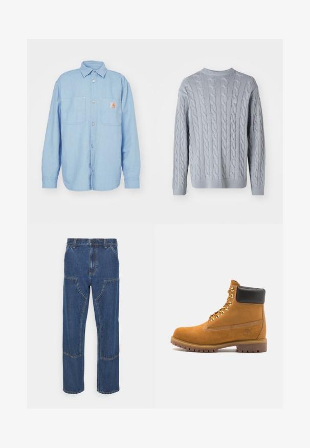 Hellblaues, knopfbares Hemd aus gewebtem Stoff, mit einem Kragen, zwei Brusttaschen und einem kleinen Logopatch auf der linken Tasche.; Hellblau gestrickter Pullover mit Zopfmuster, langen Ärmeln und rundem Halsausschnitt. Rippbündchen und -saum verleihen Textur und Struktur.; Blaue Denim-Jeans mit geradem Bein, vorderen aufgesetzten Taschen und kontrastierenden Nähten. Der Stoff hat eine klassische Textur und Ausführung.; Beige Wildleder-Ankle-Boot mit schwarzem gepolstertem Kragen, goldenen Metallösen, weißen Nähdetalben und einer robusten Gummisohle mit ausgeprägtem Profil.