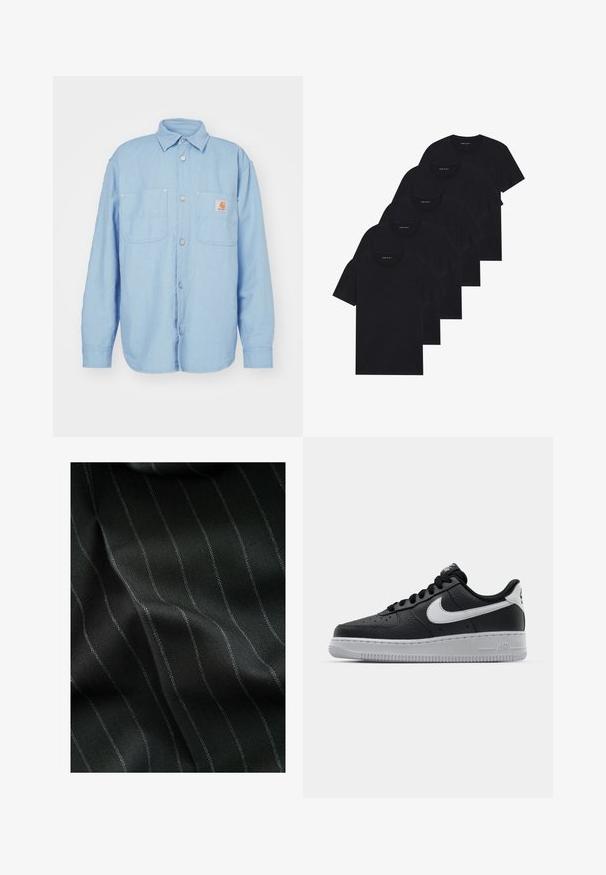 Camisa de botones de color azul claro, hecha de tejido entrelazado, con un cuello, dos bolsillos en el pecho y un pequeño parche de logo en el bolsillo izquierdo.; Paquete de cinco camisetas de cuello redondo negras. Mangas cortas, material de algodón, ajuste estándar. Textura suave sin patrones ni adornos visibles.; Tela negra con un patrón de espiga y delgadas rayas blancas. La textura parece suave con una sutil profundidad gracias al tejido.; Zapatilla negra de cuero con superficie texturizada, logo de Nike en blanco, suela gris, puntera redonda y diseño de encaje. Presenta perforaciones en la puntera.