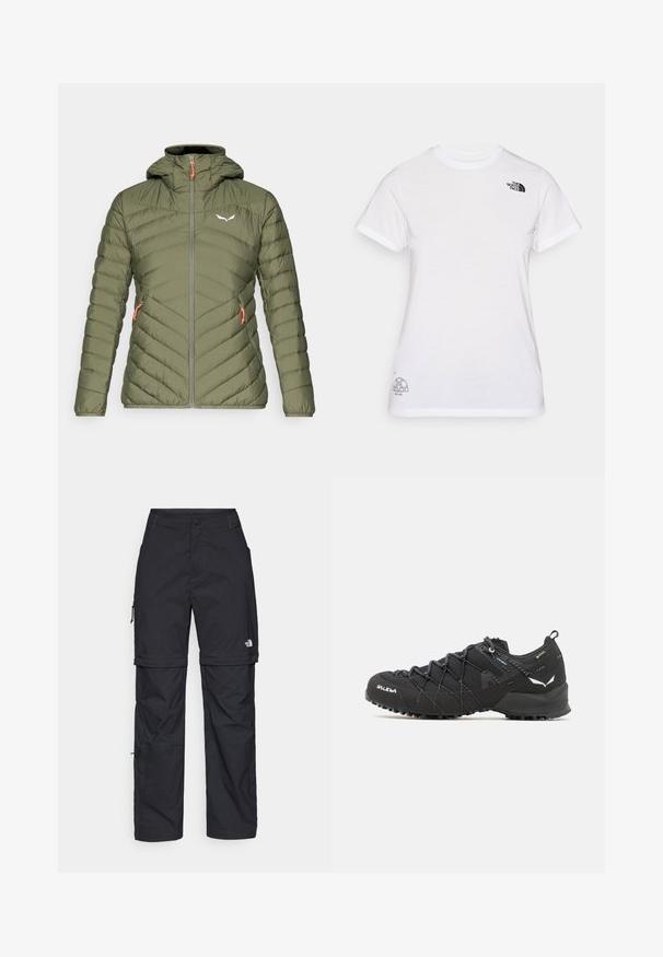 Olijfgroen gewatteerde jas met een capuchon; voorzien van chevron stiksel, ritssluiting aan de voorkant en oranje ritskappen. Logo op de borst.; Witte katoenen t-shirt met een zwart logo op de linkerborst en een grijs grafisch ontwerp rechtsonder. Klassieke ronde hals en korte mouwen.; Zwarte nylon cargo broek met afneembare pijpen, verstelbare manchetten, meerdere zakken en een logo op het rechterbeen. Gladde, lichte textuur.; Zwarte wandelschoenen met een bovenkant van textuurstof, een vetersysteem en een robuuste rubberen zool. Verfraaid met reflecterende details en logo's.