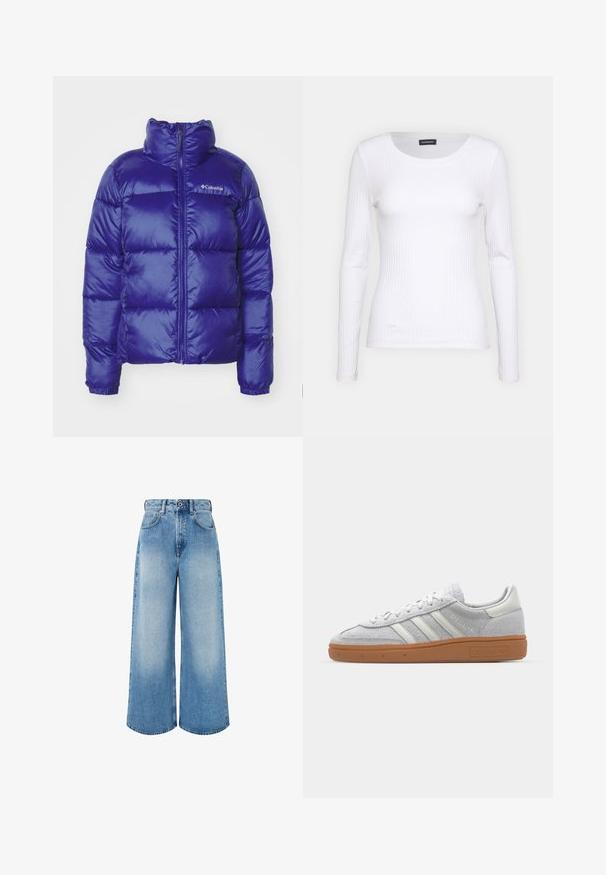 Pufferjack in levendig blauw, met een hoge kraag, voorrits en een gewatteerd ontwerp met horizontale stiksels. Merlogo op de borst.; Witte geribbelde langemouwen top met een ronde halslijn. Gemaakt van een rekbare stof die het lichaam volgt. Heeft subtiele horizontale lijnen.; Lichtblauwe wijde jeans van denim, met een hoge taille, knoopsluiting en subtiele vervagingen met schone zoomranden.; Lichtgrijze suède sneaker met witte leren accenten, drie witte strepen en een bruine rubberen zool, met een gewatteerde kraag voor comfort.