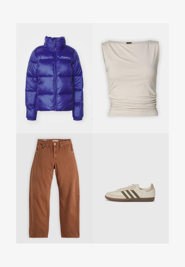 Φουσκωτό μπουφάν σε ζωηρό μπλε χρώμα, με ψηλό γιακά, μπροστινό φερμουάρ και ραφή με καπιτονέ σχέδιο. Λογότυπο μάρκας στο στήθος.; Gina Tricot SOFT TOUCH BOATNECK TOP - Μπλούζα - pumice stone; Καφέ ίσια τζιν παντελόνια με μπροστινές και πίσω τσέπες, μεταλλικούς κρύνους, κούμπωμα με κουμπί και θηλιές ζώνης, τοποθετημένα επίπεδα σε λευκό φόντο.; adidas Originals SAMBA OG UNISEX - Αθλητικά παπούτσια - alumina/medium dark khaki/gum