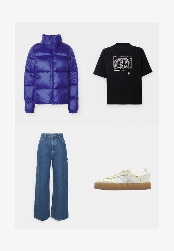 Casaco de puffer em azul vibrante, com gola alta, fecho frontal e design acolchoado com costura horizontal. Logótipo da marca no peito.; T-shirt preta feita de algodão com mangas curtas. Apresenta uma gravação de teia de aranha branca e um logótipo na parte da frente. Possui um decote simples em forma redonda.; Calças de ganga azuis de perna larga com cintura alta, costuras em contraste e bolsos laterais, apresentando um design clássico de cinco bolsos e bainhas desfiadas.; Sapatilhas creme com riscas azuis claras, sola de borracha e detalhes decorativos de flores amarelas no material superior. Design de biqueira arredondada.