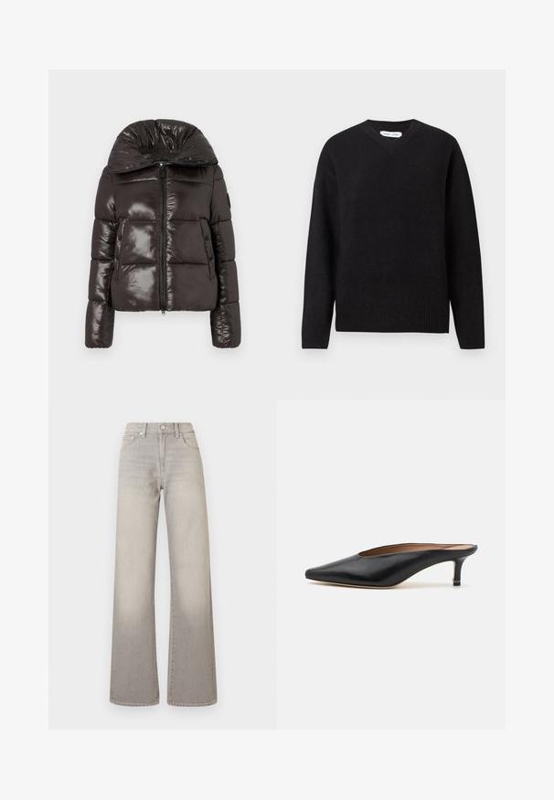 Doudoune brillante marron foncé avec col montant, fermeture éclair à l'avant, deux poches à bouton-pression et design matelassé sur les manches et le corps.; Pull noir en V en mélange de laine doux, avec des manches longues et des poignets et un ourlet côtelés. Conception simple et classique sans motifs ni accents.; Jean large gris avec une finition délavée, fermeture à bouton, design à cinq poches et coutures conçues le long des coutures.; Mules en cuir noir avec un bout pointu et un petit talon carré. Texture lisse avec un design épuré. Dos ouvert avec un minimum de détails.