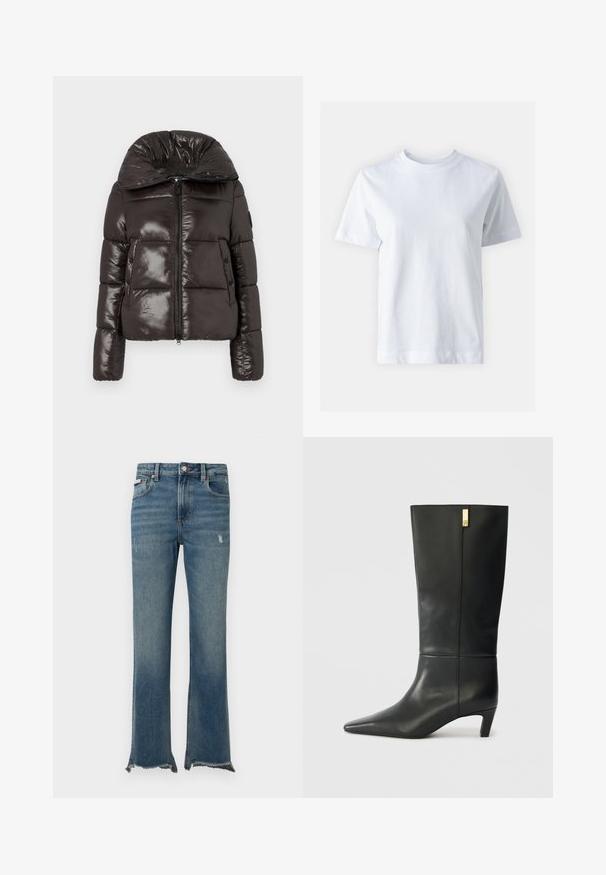 Kirkas tumepruun puffy-tagi kõrge kraega, ees lukuga, kahe nööbiga taskuga ning tikkimisdisainiga varrukatel ja kehal.; Valge puuvillane T-särk, ümar kaelus, lühikesed varrukad, sirge lõige ja sile tekstuur. Ilma mustrite ja kaunistusteta.; Sinised teksapüksid kergelt kulunud detailidega, toores narmendav äär, esimesed taskud, vööaasad ja nööpkinnitus.; Mustmustest mustakõrgune musta nahast saabas terava ninaga ja väikese kontsaga. Omab sujuvat disaini kuldse aksendi detailiga. Sile tekstuur.