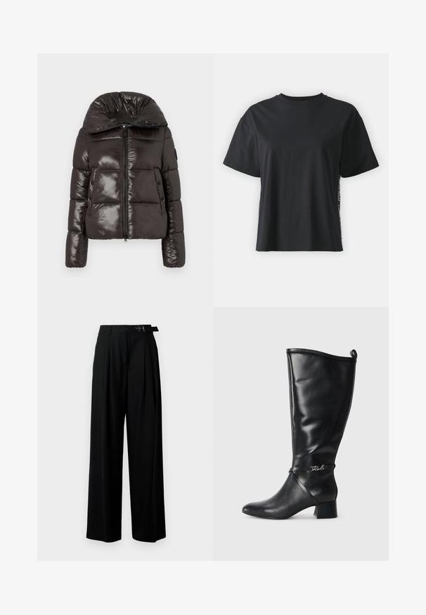 Chaqueta acolchada de color marrón oscuro brillante con cuello alto, cremallera frontal, dos bolsillos con botón a presión y diseño acolchado en las mangas y el cuerpo.; Camiseta de algodón negra de manga corta con un corte relajado y un panel lateral en contraste que presenta texto pequeño y detalles de diseño.; Pantalones de pierna ancha negros con cintura alta, pliegues en la parte delantera y un cinturón con hebilla. Confeccionados con una tela suave y liviana.; Bota de cuero negro hasta la rodilla con punta afilada, tacón cuadrado y una correa decorativa con un logo plateado cerca del tobillo. Textura suave.