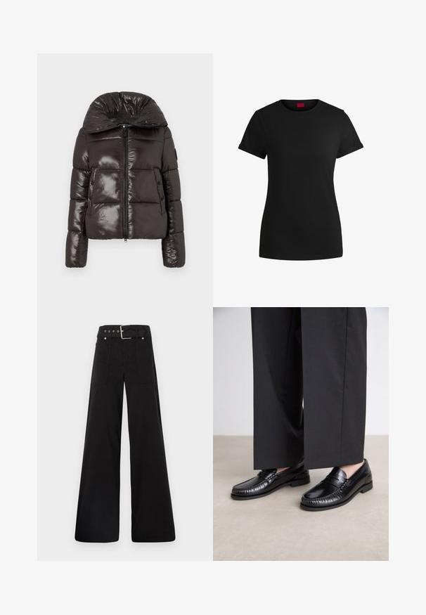 Glänzende, dunkelbraune Daunenjacke mit hohem Kragen, Frontreißverschluss, zwei Druckknopf-Taschen und gestepptem Design an Ärmeln und Körper.; Schwarzes Baumwoll-T-Shirt mit kurzen, aufgerollten Ärmeln, rundem Halsausschnitt und rotem Etikett. Glatte Textur, taillierte Form mit minimalen Details.; Schwarze weitgeschnittene Hose aus Baumwolle, mit hoher Taille, großen Seitentaschen und einem taillierten Bund mit silbernen Hardware-Akzenten.; Schwarze Lederloafers mit glatter Oberfläche, genähten Details um die Zehen und einer niedrigen Gummisohle. Kombiniert mit weiten schwarzen Hosen.