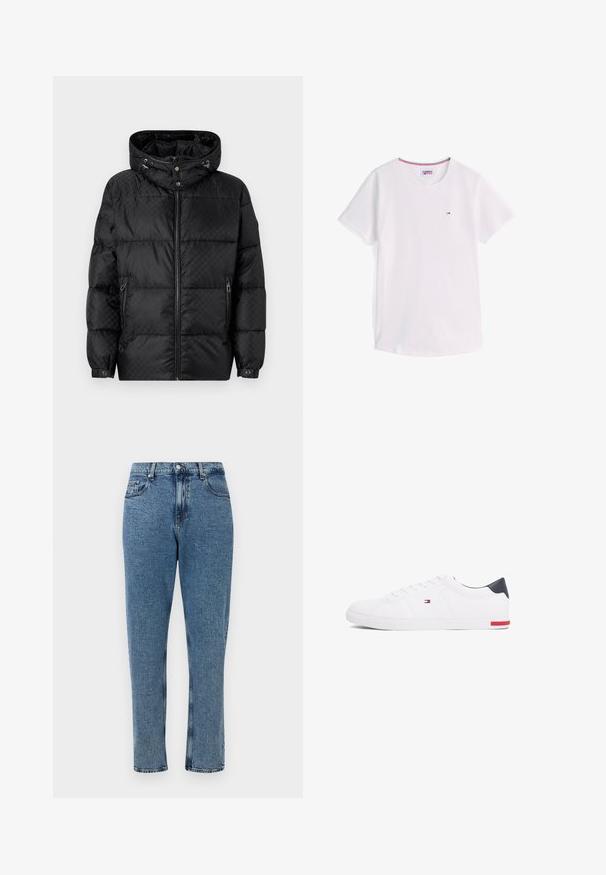 Black puffer jacket with a hood, quilted design, front zipper closure, and side pockets. Features silver-tone hardware and elastic cuffs.; White short-sleeve crew neck T-shirt with small Tommy Hilfiger logo on chest and red, white, and blue trim inside collar.; Light blue denim jeans with a straight leg design, five pockets, a button fly, and subtle whiskering on the fabric's surface.; White low-top sneakers made of smooth leather. Features a navy heel cap and a red accent on the sole. Six eyelets for laces.