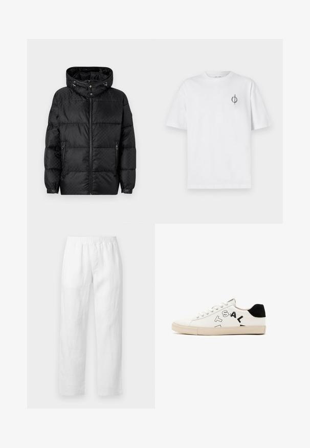 Crna puf jakna s kapuljačom, kviltani dizajn, prednji patentni zatvarač i bočne džepove. Sadrži srebrne detalje i elastčne manžete.; Bijela pamučna majica s opuštenim krojem, s malim crnim grafičkim logotipom na lijevoj prečki. Kratki rukavi, okrugli izrez.; Bijele lanene hlače s elastičnim pojasom, ravnim krojem i mekanom teksturom bez vidljivih uzoraka ili metalnih detalja.; Bijele kožne tenisice s crnim naglascima na peti, s odvažnim crnim natpisima sa strane i gumenim potplatom. Minimalistički dizajn.