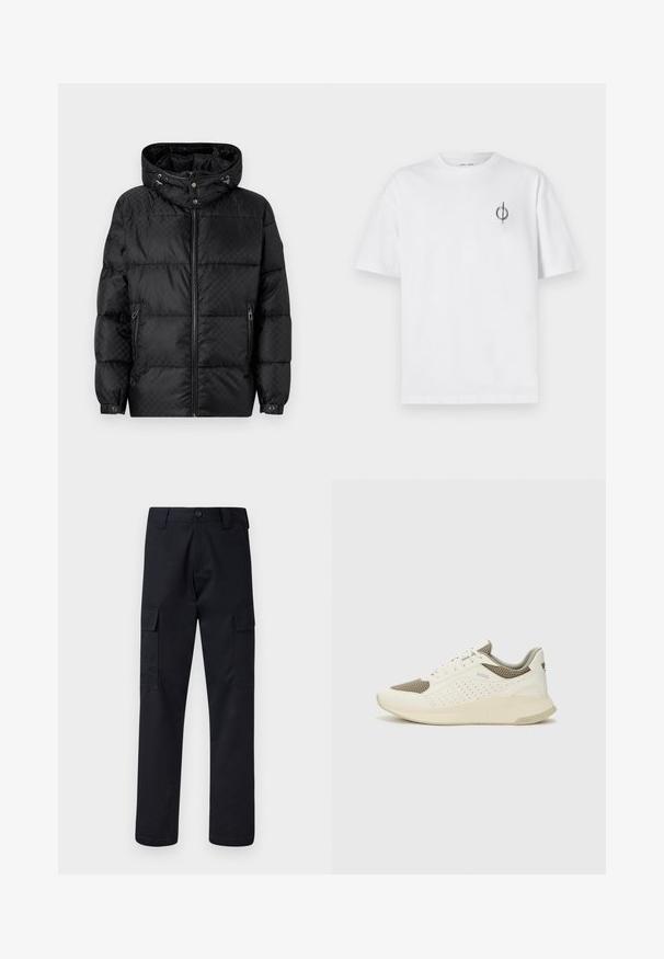 Černá péřová bunda s kapucí, prošívaný design, zapínání na předním díle na zip a boční kapsy. Obsahuje stříbrné kovové detaily a elastické manžety.; Bílý bavlněný tričko s volným střihem, které má malé černé grafické logo na levé straně hrudi. Krátké rukávy, kulatý výstřih.; Černé cargo kalhoty vyrobené z odolné tkaniny, s rovnými nohavicemi, dvěma bočními kapsami a zapínáním na knoflík v pase.; Bílé a světle béžové atletické tenisky, které mají síťovaný svršek, perforované detaily a texturovanou mezipodešev s logem na patě.