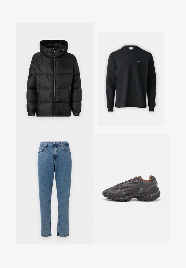 Sort puffjakke med hætte, quiltet design, frontlynlås og sidelommer. Har sølvfarvet hardware og elastiske manchetter.; Sort langærmet t-shirt lavet af bomuld, med rund halsudskæring og et lille grønt broderet krokodillelogo på venstre bryst.; Lyseblå denim jeans med lige ben, fem lommer, knappelukning og subtile slidmærker på stoffets overflade.; Lacoste sneakers i mørkegrå med mesh og syntetisk materiale, udstyret med en tekstureret sål og brune accenter på kraven og brandingen.