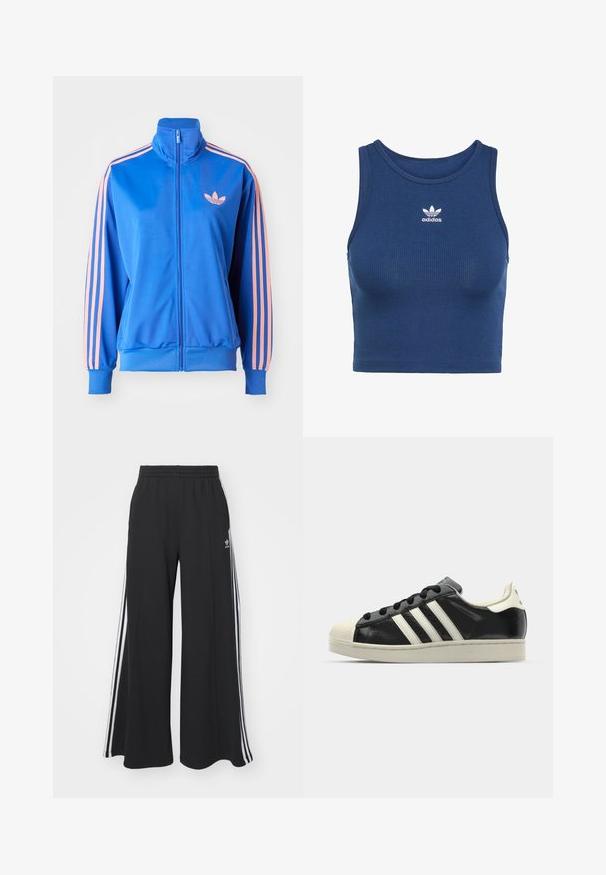 Zila jaka ar rāvējslēdzēju, izgatavota no gludas un vieglas auduma. Tam ir rozā strīpas gar piedurknēm un neliels rozā logo uz krūšu daļas.; Zils ribots īss tops, izgatavots no elastīga auduma, ar noapaļotu kakla izgriezumu un mazu baltu Adidas logo uz krūtīm.; Melnas plašas sporta bikses ar elastīgu jostasvietu, kurām ir baltas sānu svītras un izšūts logo kreisajā augšstilbā.; Melna ādas sporta apava ar baltām svītrām, gumijas purngala aizsardzību, melnām auklām un krēma krāsas zoli. Gluda tekstūra ar spīdīgu apdari.