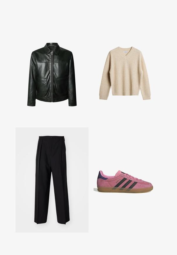 Melna ādas jaka ar rāvējslēdzēju, divām priekšējām kabatām un pielāgotu apkakli. Gluda tekstūra ar redzamām šuvju detaļām.; Bežs, ribots adījuma krekls ar V veida izgriezumu un garām piedurknēm. Iespējo relaksētu piegriezumu un teksturētu audumu papildu siltumam un komfortam.; Balta kokvilnas T-kreklu ar apaļu kakla izgriezumu, īsām piedurknēm un brīvu griezumu. Uz kakla ir zīmola birka ar uzrakstu "WEEKDAY".; Melnas plisētās bikses ar taisnu, plata kāja dizainu. Izgatavotas no gludas auduma, ar pogu aizdari un jostas cilpiņām.; Rozā zamšādas sporta apavi ar melnām svītrām, gumijas zoli un teksturētu purpura papēdi. Iezīmējas ar auklēšanas dizainu un izspiestu zīmolu sānos.