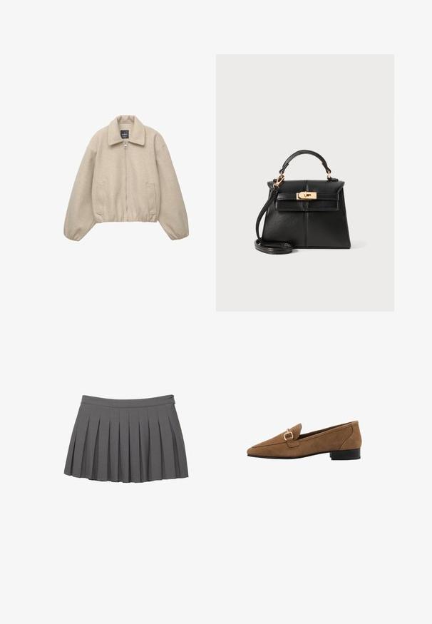 Beige cropped jakke med lynlås, bred krave og elastiske ærmer. Fremstillet af blødt stof med to forlommer.; Sort kortærmet t-shirt lavet af glat stof. Har en rund halsudskæring og en afslappet pasform med en lige kant.; Grå plisseret mini skirt med en knappet talje og en lille logo pynt på højre side.; Brune ruskinds loafers med spids tå, featuring en guldbeslag detalje og en lav sort hæl. Enkel, glat tekstur, klassisk design.; Sort læderhåndtaske med en struktureret design, topstrop, aftagelig rem og hårdvarer i guldtonede på en magnetisk lukning.