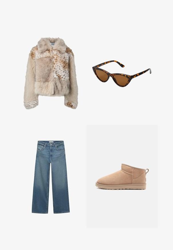 Kunstpelzjacke in beigefarbenen Tönen mit verschiedenen Texturen; verfügt über ein Patchwork-Design, einen Kragen und gepunktete Akzente an Ärmeln und Körper.; Brauner Strickpullover mit rundem Halsausschnitt, überschnittenen Schultern und gerippten Bündchen. Weiche Textur, kurzes Design und lockere Passform.; Helleblaue weit geschnittene Jeans aus Denim mit mittelhoher Taille, zwei Fronttaschen und klassischen Nähten.; Beige Wildleder-Ankle-Boot mit abgerundetem Zehenbereich, weicher Textur, schlichtem Design und einer flachen Gummisohle. Mit einer Zuglasche auf der Rückseite.; Katzenaugen-Sonnenbrille mit einem schwarz-orangenen Schildpattrahmen, braunen Gläsern und schlanken, spitzen Enden. Verfügt über ein minimalistisches Logo am Bügel.; Dunkelbraune Wildleder-Handtasche mit strukturierter Form, ausgestattet mit zwei oberen Griffen und einem abnehmbaren Riemen mit einer goldfarbenen Schnallenakzent.