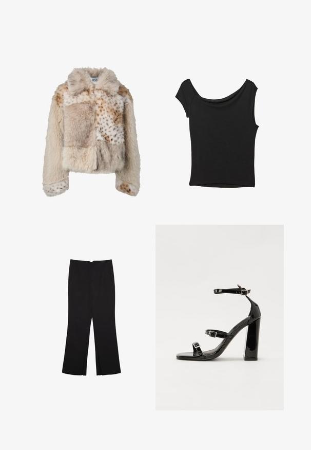 Jakna od umjetnog krzna u bež tonovima s različitim teksturama; ima dizajn od zakrpa, ovratnik i ukrase s točkicama na rukavima i tijelu.; Crna majica kratkih rukava od glatkog materijala; ima drapirani izrez i asimetrični donji rub, uz prilagođeni kroj tijela.; Crne hlače ravnog kroja, s prednjim džepovima i bočnim prorezima na rubu. Izrađene od mekog i glatkog materijala. Pogodne za razne prigode.; Crne lakirane sandale na pete sa kvadratnim nosom, trakama oko gležnja i srebrnim kopčama. Imaju čvrst blok petu za stabilnost.