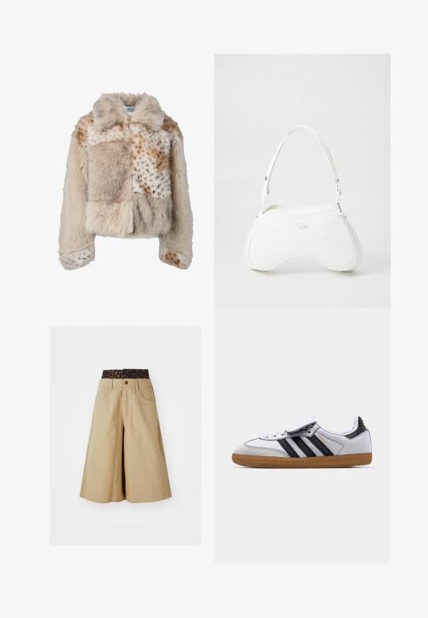 Viltota kažokāda jaka bēša toņos ar dažādām tekstūrām; raksturīga aplikāciju konstrukcija, apkakle un plankumaini akcenti uz piedurknēm un ķermeņa.; Brūns garo piedurknu kropts topiņš, izgatavots no gludas materiāla, ar apaļu kakla izgriezumu un pieguļošu dizainu. Nav redzamu rakstu vai akcentu.; Khaki šorti ar platajām kājām un leoparda printa jostu. Iespējamās priekšējās kabatas un pogu aizdare. Gluda, teksturēta auduma.; Baltā ādas kedu ar melnām svītrām un pelēkiem akcentiem, ar noapaļotu purngalu un gumijas zoli. Ar velcro siksnu un auklu aizdari.; Balta rokassoma ar gludu, spīguļojošu virsmu, izliekta forma un viena regulējama siksna. Tam ir uzspriegots logotips priekšpusē.