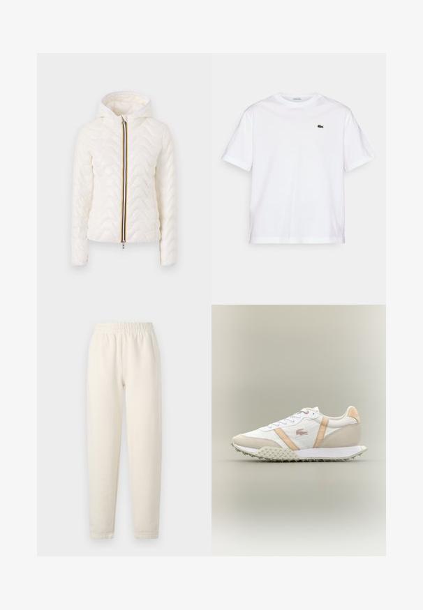 Bela jakna s kvadratnim uzorkom s kapuljačom prilagođenom tijelu, koja ima prednji patentni zatvarač ukrašen višebojnom prugom i teksturiranim valovitim motivom.; Bijela pamučna majica s okruglim izrezom i kratkim rukavima. Ima zeleni izvezeni logo na prsima. Mekana tekstura, opušteni kroj.; Svetlucave trenirke boje kreme napravljene od mekanog materijala. Imaju elastičnu struk i sužene nogavice s diskretnim detaljima šivanja.; Bijeli i bež niski tenisice s teksturiranim potplatom, prednjim vezanjem i bež bočnim prugama na neutralnoj pozadini.