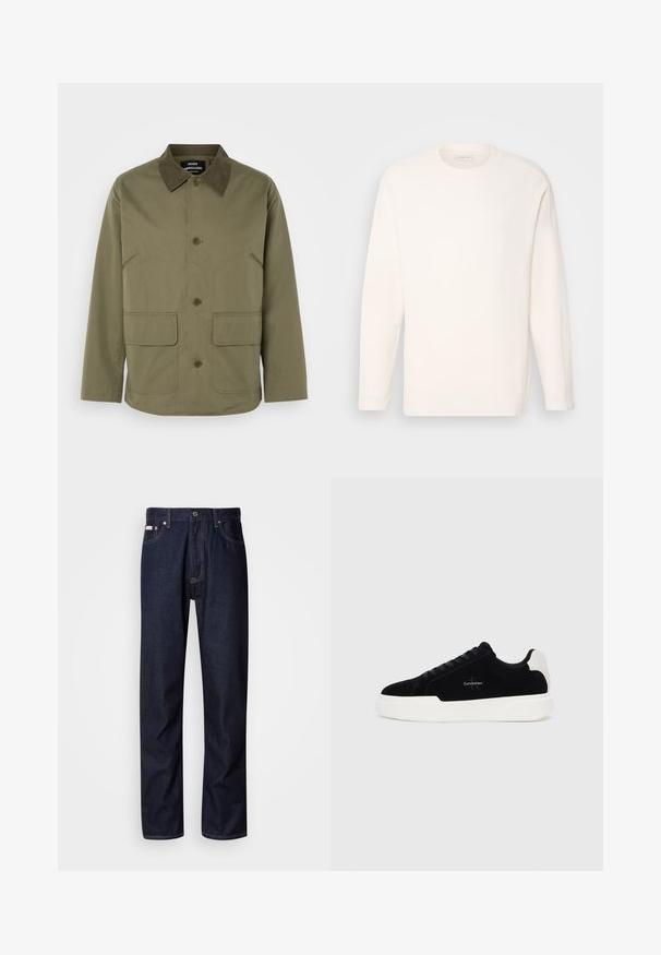 Olíva zöld kabát barna velúr gallérral, két elülső rakott zsebbel és gombos fronttal, tartós anyagból készült.; Hosszú ujjú környakú póló off-white színű anyagból, sima textúrával. Diszkrét logó részlet a mellkason, egyenes alsó szegély és puha mandzsetták.; Sötétkék farmernadrág egyenes szárú kialakítással, gombos cipzárral, öt zsebbel és kontrasztos varrási részletekkel.; Fekete alacsony szárú sneaker fehér talppal és saroktabbal, fűzős elülső résszel és Calvin Klein logóval az oldalon.