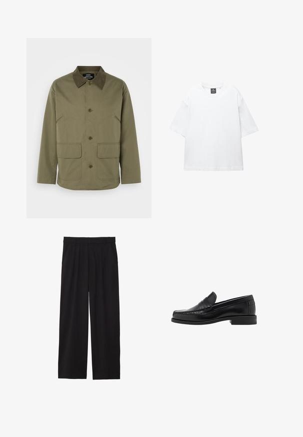 Giacca verde oliva con collo in suede marrone, dotata di due tasche anteriori a toppa e chiusura con bottoni, realizzata in un tessuto resistente.; T-shirt bianco a maniche corte in cotone, con scollatura rotonda e vestibilità rilassata con orlo dritto. Nessun motivo o decorazione.; Pantaloni neri a gamba larga con frontale plissettato, tasche laterali e una texture di tessuto liscia. Progettati per un fit comodo.; Mocassini in pelle nera con una finitura liscia, dettagli cuciti sulla punta e un design a tacco basso per comfort e stile.