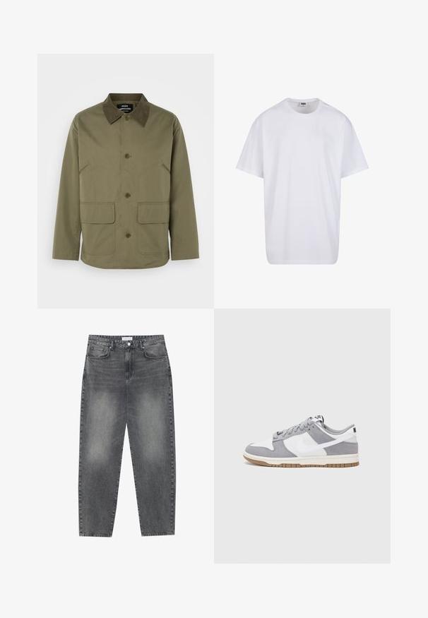 Oliven grønn jakke med en brun semsket krage, med to frontlommer og knappestolpe, laget av et slitesterkt stoff.; Hvit bomull t-skjorte med korte ermer, rund utringning, avslappet passform, og ingen synlige logoer eller mønstre. Glatt tekstur og minimalistisk design.; Høyt liv, løstsittende jeans i falmet svart denim. Har fem lommer, beltehemper og et rent, rett ben-design.; Grå og hvite sneakers med overdel i semsket skinn og lær, rund tå, flate lisser, og gummisåle med gummibelegg.